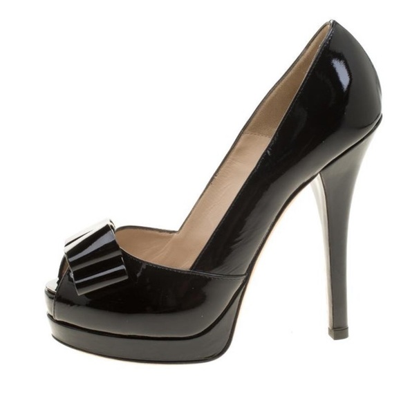 Fendi Black Patent Leather Deco Peep Toe Bow Platform Pumps - Picture 2 of 8